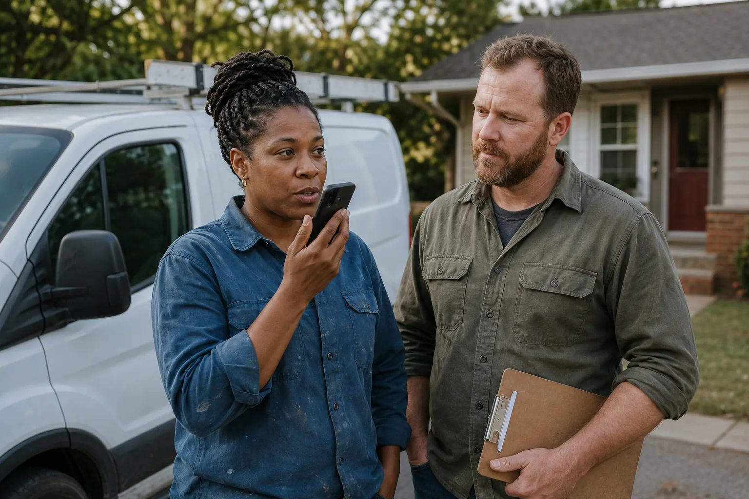 Two tradespeople recording a job update beside their service van