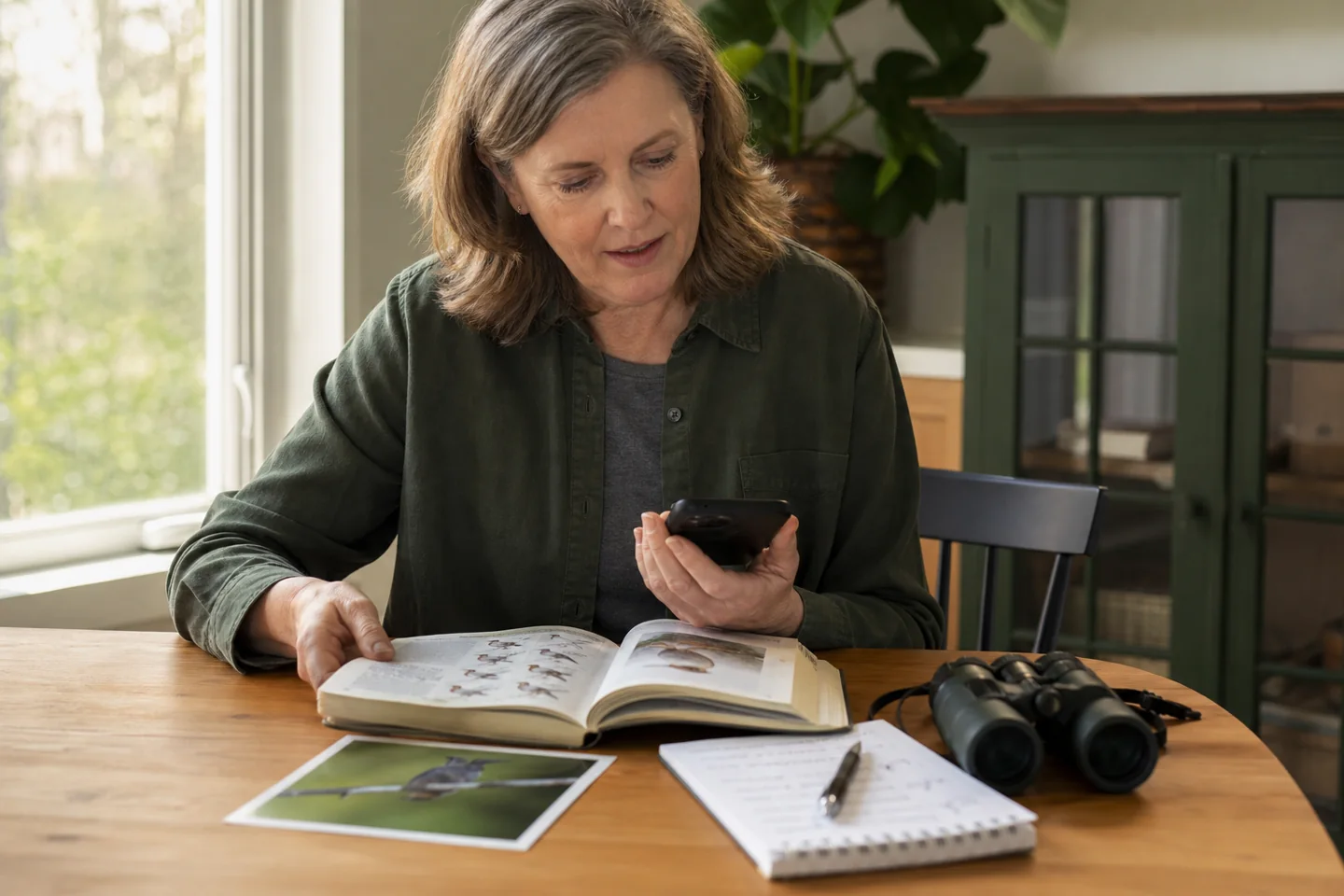 A woman at a dining table comparing a bird guide with a printed photo while using her phone.