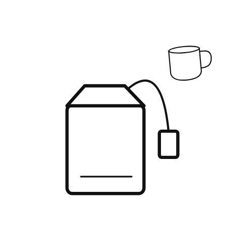 An illustrated tea bag moves in a short, gentle repeating gesture; mug supplies the accompanying visual context.
