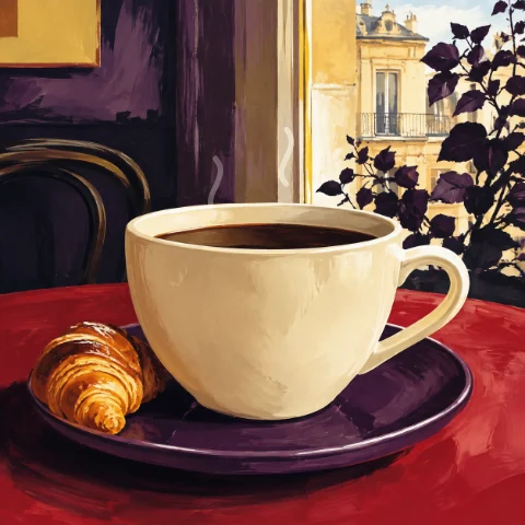 An ivory coffee cup and croissant on a red cafe table; animated steam curls above the cup.