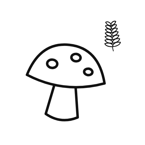 An illustrated mushroom rocks into a little bow; fern supplies the accompanying visual context.