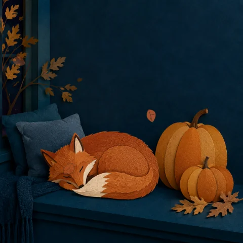 A russet fox rests beside pumpkins on a dark teal window seat while illustrated leaves drift past.