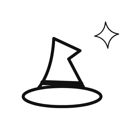 An illustrated witchhat moves in a short, gentle repeating gesture; sparkle supplies the accompanying visual context.