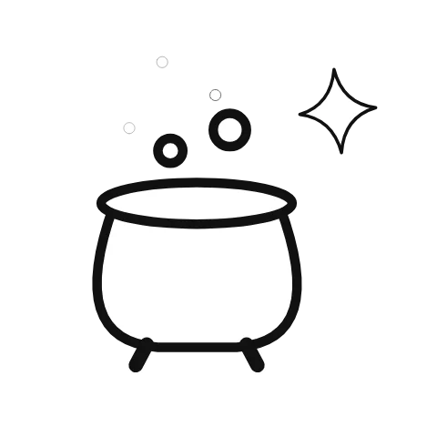 An illustrated cauldron moves in a short, gentle repeating gesture; sparkle supplies the accompanying visual context.