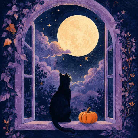 A black cat watches a glowing moon through a lavender arch; small sparkles drift through the scene.
