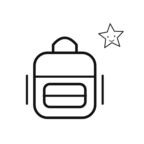 An illustrated backpack moves in a short, gentle repeating gesture; star supplies the accompanying visual context.