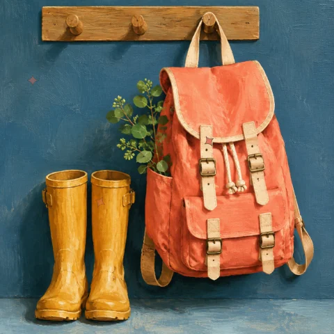 A coral backpack and yellow rain boots by a peg rail, with gently drifting sparkles.