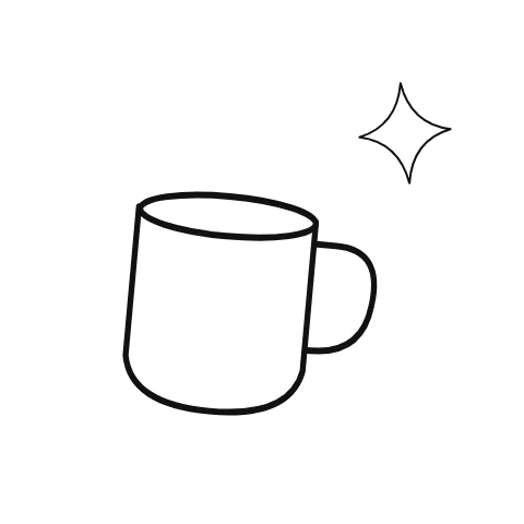 An illustrated mug moves in a short, gentle repeating gesture; sparkle supplies the accompanying visual context.