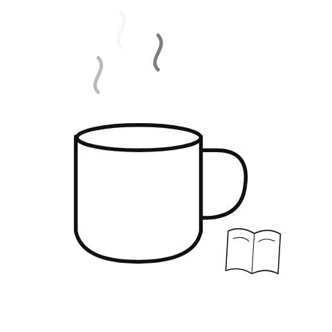An illustrated mug rests beneath rising curls of steam; open book supplies the accompanying visual context.