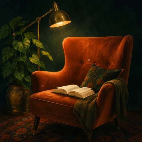 A terracotta reading chair, open book and glowing brass lamp, with a few drifting highlights.