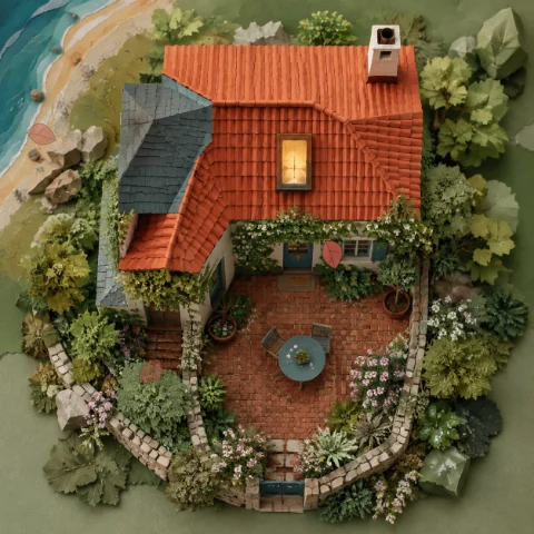 An overhead view of a tiled cottage roof and garden courtyard, with a few gently drifting leaves.