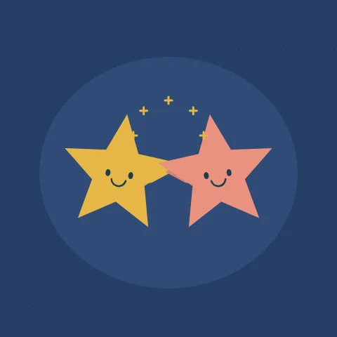 Two illustrated stars lean together, touch hands and spring apart; a small burst marks the high five.