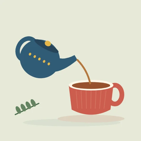 A blue teapot tips toward a coral teacup; a tea stream appears and the cup fills before the loop resets.