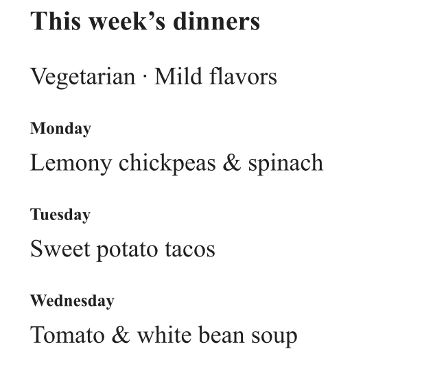The first three dinners in a printable vegetarian week plan