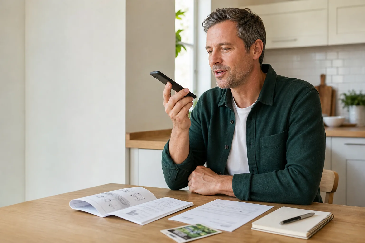 A person speaking into a phone at a kitchen table with an open manual, estimate, and notebook.
